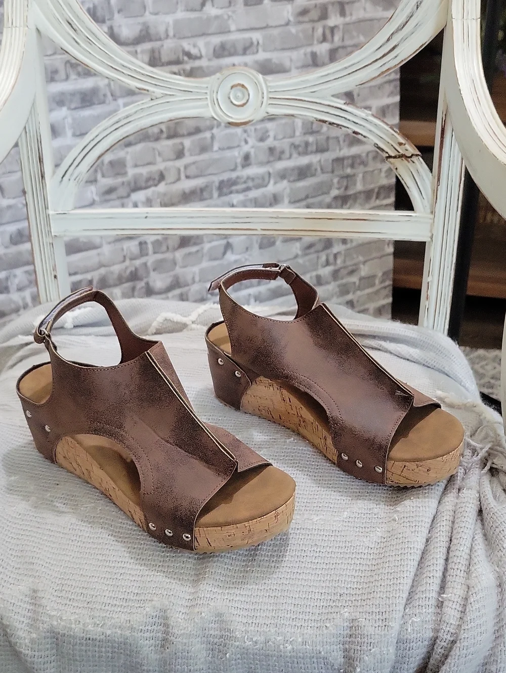 Cork Wedge Peep Toe Sandals - Bronze Brown Classic Comfort, Womens Sz 10 (41)